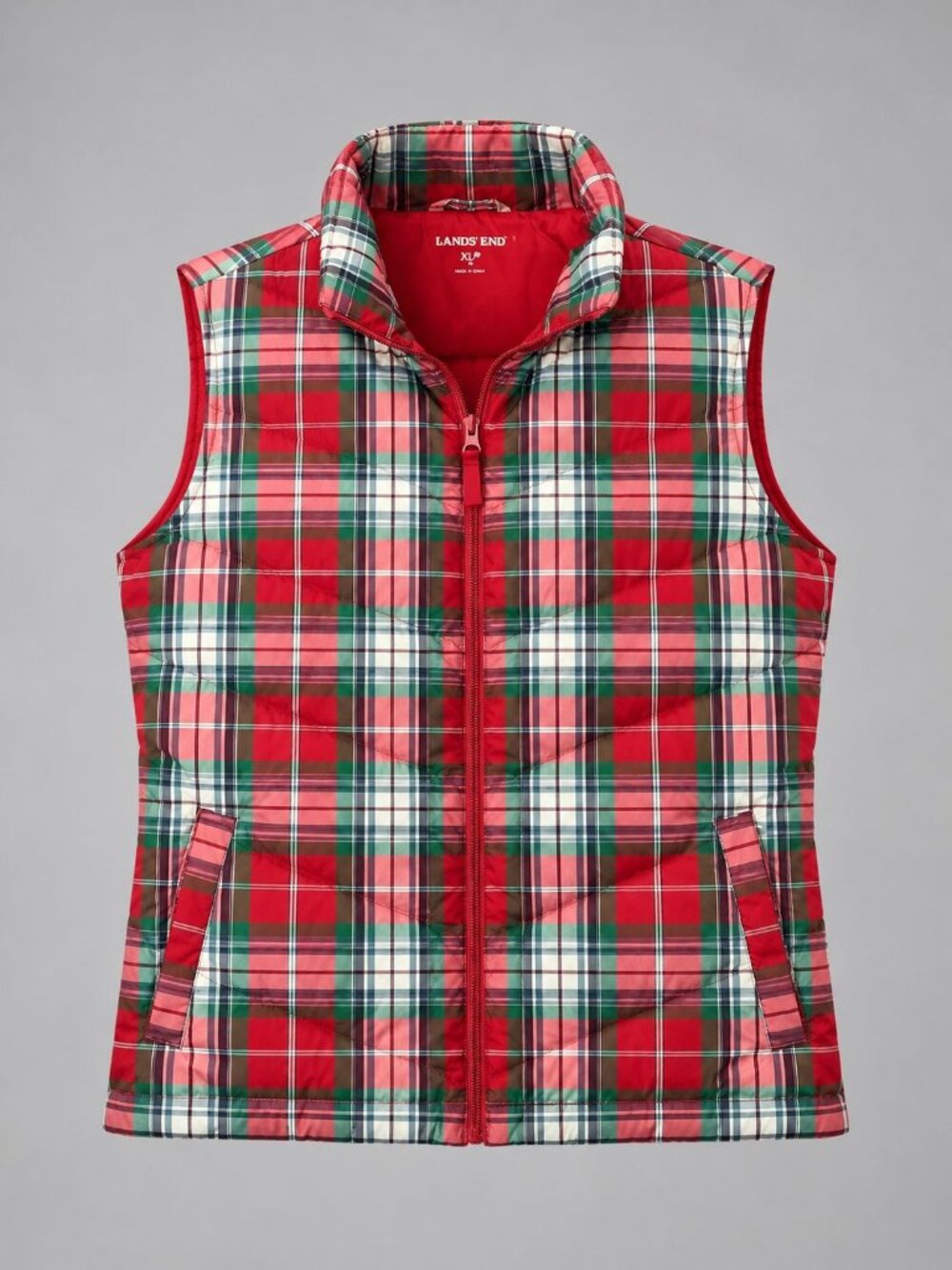 Lands End Womens XL Vest Red Plaid Down Puffer Winter Layer Insulated Sleeveless